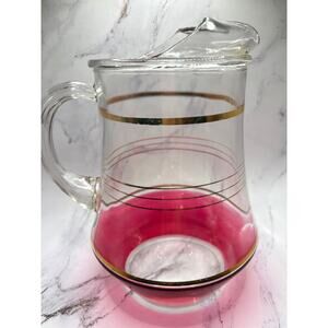 Vintage MCM Glass Pitcher Cranberry Iridescent Gold Rings Flat Pitcher Ice Lip